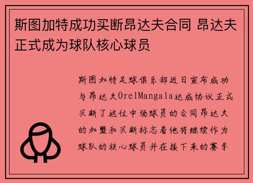 斯图加特成功买断昂达夫合同 昂达夫正式成为球队核心球员