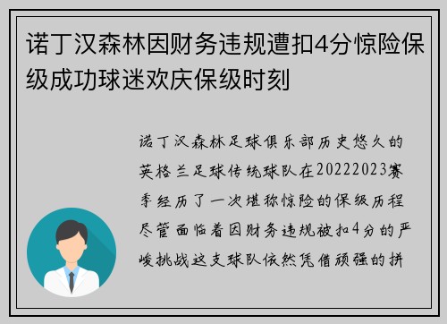 诺丁汉森林因财务违规遭扣4分惊险保级成功球迷欢庆保级时刻